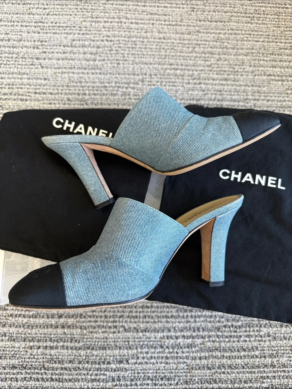 CHANEL Denim Blue and Black Cap-Toe Slip-On Mules